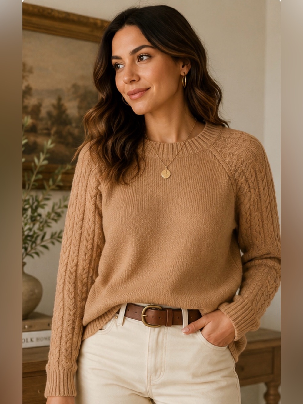 Susan Graver Weekend Cable Knit Sweater Camel Tan Small Cozy Pullover